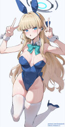 Rule 34 | 1girl, animal ears, bare shoulders, blonde hair, blue archive, blue eyes, blue leotard, blush, breasts, cameltoe, cleavage, detached collar, double v, earpiece, fake animal ears, hair ribbon, halo, high heels, highleg, highleg leotard, highres, leotard, long hair, looking at viewer, medium breasts, official alternate costume, open mouth, playboy bunny, rabbit ears, ribbon, simao (x x36131422), solo, thighhighs, thighs, toki (blue archive), toki (bunny) (blue archive), v, very long hair, wrist cuffs