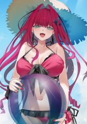 Rule 34 | 1girl, ball, baobhan sith (fate), bare shoulders, beachball, bikini, breasts, cleavage, collarbone, earrings, fate/grand order, fate (series), grey eyes, hair intakes, hat, highres, jewelry, large breasts, long hair, looking at viewer, navel, open mouth, pink bikini, pink hair, pointy ears, san (harutuki 3), sidelocks, smile, solo, straw hat, swimsuit, thighs