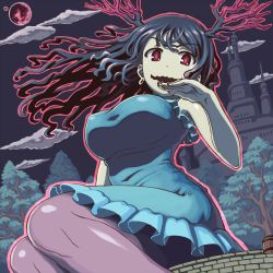 Rule 34 | 1girl, :d, barrel, black hair, blue dress, breasts, castle, cloud, covered erect nipples, dress, earrings, full moon, giant, giantess, horns, jewelry, jinrai (owl12), large breasts, long hair, looking at viewer, looking down, lubella, momodora: reverie under the moonlight, moon, night, night sky, ojou-sama pose, open mouth, pantyhose, purple pantyhose, red eyes, red moon, sitting, sky, sleeveless, sleeveless dress, smile, solo, tree