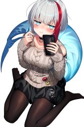 Rule 34 | 1girl, :t, admiral graf spee (azur lane), admiral graf spee (peaceful daily life) (azur lane), alternate costume, aran sweater, azur lane, black pantyhose, black skirt, blue eyes, blush, breasts, cable knit, cellphone, choker, clothing cutout, fins, fish tail, highres, holding, holding phone, kinsenka momi, looking at viewer, medium breasts, multicolored hair, pantyhose, phone, playing with own hair, pout, red hair, short hair, shoulder cutout, sidelocks, signature, silver hair, simple background, sitting, skirt, smartphone, solo, streaked hair, sweater, tail, wariza, white background, white sweater