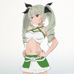 Rule 34 | 10s, 1girl, alternate costume, anchovy (girls und panzer), bad id, bad pixiv id, bare shoulders, breasts, chimaki (u9works), collarbone, cowboy shot, criss-cross halter, crop top, drill hair, girls und panzer, green hair, halterneck, halterneck, hand on own hip, lips, long hair, looking away, midriff, miniskirt, navel, pleated skirt, race queen, red eyes, skirt, small breasts, solo, twin drills, twintails