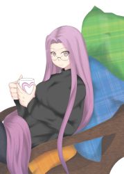 Rule 34 | 00s, 1girl, bad id, bad pixiv id, breasts, casual, chair, cup, denim, fate/stay night, fate (series), glasses, jeans, large breasts, long hair, medusa (fate), medusa (rider) (fate), null5, nurumoji, pants, pillow, purple eyes, purple hair, solo, square pupils, very long hair