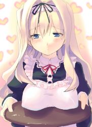 Rule 34 | 00s, 1girl, apron, black dress, blonde hair, blue eyes, blush, breast rest, breasts, carried breast rest, carrying, collar, covered erect nipples, dress, expressionless, hair between eyes, heart, heart background, holding, holding tray, kusugawa sasara, large breasts, long sleeves, looking at viewer, maid headdress, oka asaha, red ribbon, ribbon, simple background, solo, to heart (series), to heart 2, tray, upper body, waitress