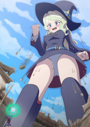 Rule 34 | 2girls, absurdres, angry, ass, belt, blonde hair, blue eyes, blue sky, blush, boots, breasts, brown hair, casting spell, clenched hand, clenched hands, cloud, crotch seam, day, debris, destruction, diana cavendish, dress, embarrassed, fist shaking, giant, giantess, gradient hair, green hair, growth, hat, highres, jenny secret, kagari atsuko, little witch academia, long hair, looking at another, looking down, luna nova school uniform, magic, medium breasts, multicolored hair, multiple girls, open mouth, panties, pantyshot, purple dress, rubble, school uniform, sky, standing, thighs, underwear, v-shaped eyebrows, wand, white panties, witch, witch hat
