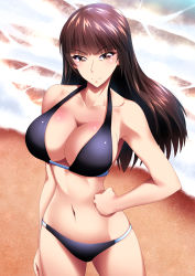 Rule 34 | 1girl, beach, bikini, black bikini, blunt bangs, breasts, brown eyes, brown hair, cleavage, closed mouth, commentary request, day, girls und panzer, halterneck, hand on own hip, highres, large breasts, long hair, looking at viewer, mature female, miraino tsubasa, navel, nishizumi shiho, outdoors, partial commentary, smile, solo, sparkle, standing, straight hair, swimsuit, waves