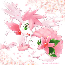 Rule 34 | ;d, aimi (aimia492), alternate color, artist name, blush, cherry blossoms, closed mouth, commentary request, creatures (company), dated, flower, game freak, gen 4 pokemon, green eyes, legendary pokemon, looking at viewer, mythical pokemon, nintendo, no humans, one eye closed, open mouth, petals, pink flower, pink theme, pokemon, pokemon (creature), shaymin, shaymin (land), shaymin (sky), smile, twitter username, v-shaped eyebrows