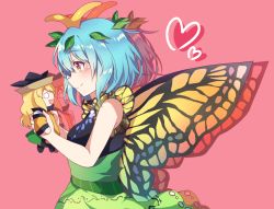 Rule 34 | 1girl, :d, antennae, bare arms, bare shoulders, black dress, blonde hair, blue hair, blush, breasts, butterfly wings, character doll, dress, eternity larva, from side, green dress, hat, heart, insect wings, kaoling, leaf, long hair, matara okina, medium breasts, multicolored clothes, multicolored dress, open mouth, pink background, profile, reflection, short hair, simple background, sleeveless, sleeveless dress, smile, solo, tabard, touhou, upper body, wings, yellow eyes