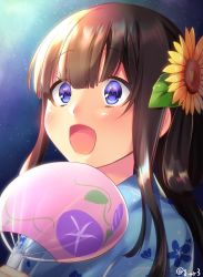 Rule 34 | 1girl, :d, bad id, bad twitter id, blue eyes, blue kimono, blush, brown hair, close-up, floral print, flower, hair between eyes, hair flower, hair ornament, hand fan, highres, holding, holding fan, japanese clothes, kimono, long hair, looking up, navy (navy.blue), night, night sky, open mouth, original, paper fan, sky, smile, solo, star (sky), starry sky, sunflower, sunflower hair ornament, twitter username, uchiwa, upper body