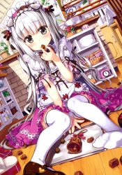Rule 34 | 1girl, absurdres, animal ears, apron, basket, between legs, blouse, blush, bottle, bow, bowtie, braid, brown bow, brown bowtie, brown footwear, brown ribbon, chair, chocolate, copyright request, cross-laced clothes, dog ears, eating, feet, flower, flower pot, flower request, food, french braid, frilled hairband, frilled shirt, frilled skirt, frills, fujima takuya, grey eyes, hair ornament, hair ribbon, hairband, hand between legs, hand on floor, heart, heart-shaped food, heart hair ornament, highres, holding, holding chocolate, holding food, indoors, kitchen, kitchen knife, mary janes, official art, panties, pantyshot, pink flower, pink frills, pink hairband, pink polka dots, pink rose, pink skirt, plate, polka dot neckwear, print apron, puffy short sleeves, puffy sleeves, ribbon, rose, scan, see-through, see-through sleeves, shirt, shoes, short sleeves, single shoe, single stripe, sitting, skirt, solo, spatula, table, tablecloth, thighhighs, two side up, underwear, waist apron, white apron, white flower, white frills, white hair, white panties, white shirt, white thighhighs, window
