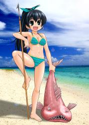 Rule 34 | 1girl, barefoot, beach, between toes, bikini, black hair, blue eyes, blush, bow, breasts, cameltoe, cleavage, cloud, conan (mirai shounen conan), day, earrings, fang, feet, fish, full body, ganaha hibiki, hair bow, happy, harukaze doujin, high ponytail, idolmaster, idolmaster (classic), jewelry, lens flare, long hair, medium breasts, mirai shounen conan, navel, ocean, open mouth, outdoors, parody, photo background, polearm, ponytail, sideboob, sky, smile, solo, spear, standing, standing on one leg, striped bikini, striped clothes, swimsuit, teeth, weapon