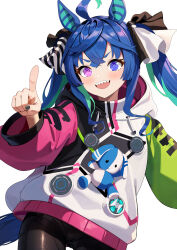 Rule 34 | 1girl, absurdres, ahoge, animal ears, aqua hair, baozi 9527, black bodysuit, black ribbon, blue eyes, blue hair, bodysuit, chinese commentary, coat, commentary request, cowboy shot, crossed bangs, drawstring, hair ribbon, heterochromia, highres, hood, hood down, hooded coat, horse ears, horse girl, horse tail, long hair, long sleeves, looking at viewer, mixed-language commentary, multicolored coat, multicolored hair, open mouth, partial commentary, pointing, pointing at viewer, purple eyes, ribbon, sharp teeth, sidelocks, simple background, smile, solo, standing, stuffed animal, stuffed rabbit, stuffed toy, tail, teeth, twin turbo (umamusume), twintails, two-tone hair, umamusume, white background