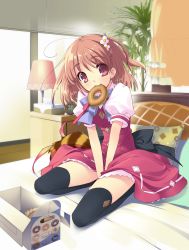 Rule 34 | 1girl, bed, between legs, black thighhighs, box, brown hair, clock, doughnut, flower, flyable heart, food, food in mouth, hair flower, hair ornament, hand between legs, highres, inaba yui, ito noizi, lamp, lampshade, looking at viewer, mouth hold, on bed, pillow, red eyes, school uniform, short hair, sitting, solo, thighhighs, tissue, v arms, wariza, window