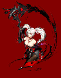 Rule 34 | 1girl, breasts, closers, full body, highres, large breasts, looking at viewer, mirae (closers), nail polish, navel, official art, red eyes, scythe, solo, transparent background, weapon, white hair