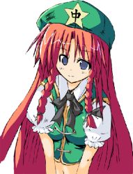 Rule 34 | 1girl, blue eyes, bow, braid, china dress, chinese clothes, dress, female focus, hair bow, hat, hong meiling, long hair, midriff, red hair, smile, solo, star (symbol), embodiment of scarlet devil, touhou, twin braids