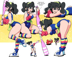 Rule 34 | 1girl, ass, baseball bat, belt, black eyes, black hair, black nails, blue footwear, blue leotard, blush, breasts, crab, english text, green belt, green hairband, hairband, highres, large breasts, leaning forward, leotard, licking, looking at viewer, lucia (scott malin), medium breasts, multiple views, nail polish, open mouth, original, profile, scott malin, shadow, shoes, sitting, sneakers, socks, standing, striped clothes, striped socks, tongue, tongue out, twintails