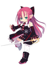 Rule 34 | 1girl, blush stickers, boots, bow, chibi, detached sleeves, earrings, female focus, full body, green eyes, hair bow, jewelry, legs up, long hair, necktie, original, pink hair, plaid, pointy ears, simple background, skirt, solo, sword, thighhighs, weapon, white background, white thighhighs, zankuro