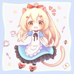 Rule 34 | 1girl, :d, ace (playing card), ace of hearts, animal ears, apron, ayanami (azur lane), azur lane, black footwear, black ribbon, blonde hair, blue dress, blush, bow, brown eyes, card, cat ears, cat girl, cat tail, checkerboard cookie, chibi, collared dress, cookie, cup, dress, food, fork, frilled apron, frilled dress, frills, hair between eyes, hair bow, hair ornament, hairclip, heart, high ponytail, kemonomimi mode, long hair, looking at viewer, neck ribbon, notice lines, open mouth, pantyhose, playing card, ponytail, puffy short sleeves, puffy sleeves, red bow, revision, ribbon, sakurato ototo shizuku, shoes, short sleeves, sidelocks, smile, solo, spoon, striped clothes, striped pantyhose, tail, teacup, teapot, very long hair, white apron