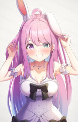 Rule 34 | 1girl, adjusting clothes, adjusting hair, adjusting headwear, ahoge, animal ear fluff, animal ears, armband, artist name, bare shoulders, black bow, bow, breasts, cleavage, collarbone, crescent, crescent collar, crescent earrings, dress, earrings, fingernails, gradient hair, green eyes, heterochromia, highres, himemori luna, himemori luna (4th costume), hololive, jewelry, long hair, looking at viewer, medium breasts, multicolored hair, necklace, pink hair, purple eyes, rabbit ears, sleeveless, sleeveless dress, smile, solo, star (symbol), suicabar72, teeth, two-tone hair, virtual youtuber, white armband, white background, white bow, white dress, white headwear
