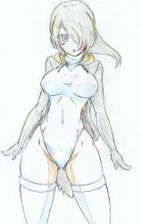Rule 34 | 10s, 1girl, :o, absurdres, black hair, black jacket, blush, breasts, brown eyes, colored pencil (medium), commentary request, covered navel, cowboy shot, drawstring, emperor penguin (kemono friends), gluteal fold, groin, hair over one eye, headphones, highleg, highleg leotard, highres, hood, hoodie, jacket, kemono friends, kitazinger, large breasts, leotard, light blush, long hair, long sleeves, looking at viewer, multicolored hair, open clothes, open hoodie, open jacket, open mouth, solo, standing, streaked hair, thighhighs, thighs, traditional media, white leotard, white thighhighs