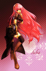 Rule 34 | 1girl, absurdres, black thighhighs, boots, character name, cross-laced footwear, finger to own chin, headset, highres, jin (030501), lace-up boots, lips, long hair, megurine luka, pink hair, polka dot, polka dot background, purple eyes, see-through, solo, thighhighs, very long hair, vocaloid