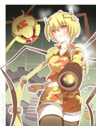 Rule 34 | arm cannon, blonde hair, blush, bug, camouflage, cyborg, english text, gears, gloves, highres, light bulb, looking at viewer, man-at-legs, mechanical parts, non (wednesday-classic), personification, pikmin (series), pikmin 2, red eyes, robot, screw, short hair, single glove, smoke, spider, weapon
