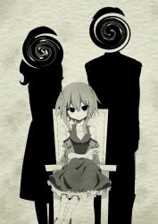 Rule 34 | 1boy, 2girls, bare shoulders, black eyes, chair, commentary request, detached sleeves, distortion, dress, empty eyes, family portrait, frilled dress, frills, greyscale, light smile, looking at viewer, medium hair, monochrome, multiple girls, nomura kitan, original, silhouette, simple background, sitting, smile, solo focus, standing, swirl