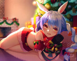 Rule 34 | 1girl, alternate costume, animal ear fluff, animal ears, bare legs, black gloves, blue hair, blurry, blurry background, blush, bound, bound wrists, bow, braid, carrot hair ornament, christmas, christmas ornaments, christmas present, christmas tree, commentary request, crop top, dated, emoriza, fireplace, food-themed hair ornament, full body, fur-trimmed shorts, fur trim, gift, gloves, hair ornament, highres, hololive, indoors, long hair, looking at viewer, lying, mistletoe, navel, on side, open mouth, own hands together, rabbit ears, rabbit girl, rabbit tail, red bow, red eyes, red scarf, red shorts, scarf, shorts, signature, solo, tail, thick eyebrows, twin braids, usada pekora, virtual youtuber