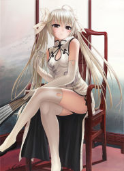 Rule 34 | 1girl, ??? (sdg19881022), bare shoulders, black footwear, breasts, brown eyes, chair, china dress, chinese clothes, cleavage cutout, clothing cutout, crossed legs, dress, elbow gloves, gloves, hair ribbon, hand fan, hand in own hair, indoors, kasugano sora, long hair, long legs, ribbon, sdg19881022, shoes, silver hair, sitting, small breasts, solo, thighhighs, twintails, white thighhighs, yosuga no sora