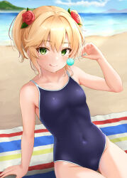 Rule 34 | 1girl, :q, absurdres, arm support, bare shoulders, beach, beach towel, blonde hair, blue one-piece swimsuit, blush, breasts, ca paria, candy, collarbone, commentary request, covered navel, day, flower, food, green eyes, hair flower, hair ornament, highres, holding, holding candy, holding food, holding lollipop, idolmaster, idolmaster cinderella girls, lollipop, looking at viewer, one-piece swimsuit, outdoors, red flower, red rose, rose, sakurai momoka, school swimsuit, short hair, sitting, small breasts, solo, swimsuit, tongue, tongue out, towel, two side up