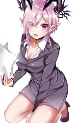 Rule 34 | 1girl, black skirt, blush, breasts, eyes visible through hair, fang, formal, hair over one eye, hamu (plot sy), hand up, high heels, highres, holding, holding paper, horns, kneeling, large breasts, looking at viewer, no socks, office lady, open mouth, oscurol (shironeko project), paper, pencil skirt, pink hair, pointy ears, purple eyes, shironeko project, short hair with long locks, simple background, skirt, solo, suit, sweatdrop, thighs, white background