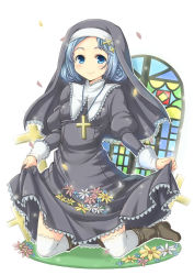 Rule 34 | 1girl, blue eyes, blue hair, blush, boots, clothes lift, courreges ace, cross, dress, dress lift, face, female focus, flower, frills, full body, habit, hair ornament, jewelry, kneeling, matching hair/eyes, nature, necklace, nun, original, petals, short hair, smile, solo, thighhighs, white thighhighs