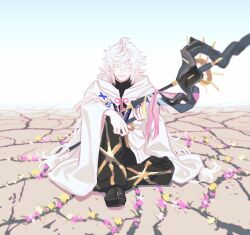 Rule 34 | 1boy, absurdres, ahoge, center frills, fate/grand order, fate (series), flower, flower knot, frills, hair between eyes, highres, holding, holding staff, hood, hooded robe, long hair, long sleeves, male focus, merlin (fate), petals, ribbon, robe, smile, solo, someki noi, staff, very long hair, white hair, white robe