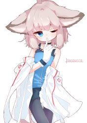 Rule 34 | 1girl, absurdres, animal ears, arknights, bare shoulders, black choker, black pantyhose, black skirt, blue eyes, blue vest, character name, choker, coat, cowboy shot, finger to mouth, fox ears, fox girl, fox tail, gloves, highres, infection monitor (arknights), material growth, medium hair, miniskirt, off shoulder, one eye closed, oripathy lesion (arknights), pantyhose, pink hair, rano u rabe, simple background, skirt, solo, sussurro (arknights), tail, vest, white background, white coat, white gloves