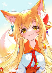 Rule 34 | 1girl, :3, animal ear fluff, animal ears, blonde hair, buttons, dandelion seed, double-breasted, fang, fox ears, fox girl, fox tail, hair ornament, hisana, light blush, long hair, long sleeves, looking at viewer, original, red ribbon, ribbon, sailor collar, shirt, smile, solo, tail, upper body, very long hair, white shirt, yellow eyes
