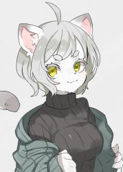 Rule 34 | 1girl, animal ears, cat ears, cat tail, female focus, furry, furry female, grey background, grey hair, off shoulder, original, owantogohan, short hair, simple background, smile, solo, sweater, tail, yellow eyes