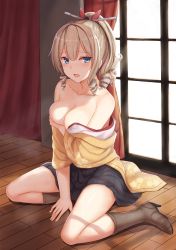 Rule 34 | 10s, 1girl, bare shoulders, blue eyes, boots, breasts, brown footwear, brown hair, cai geng, drill hair, hatakaze (kancolle), headgear, highres, japanese clothes, kantai collection, looking to the side, medium breasts, nipples, open mouth, short hair, sitting, solo, tears, twin drills, wariza