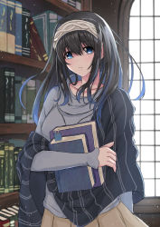 Rule 34 | 1girl, beige skirt, black hair, blue eyes, blue sweater, book, bookshelf, breasts, closed mouth, collarbone, edelweiss (wsparkz), hair between eyes, hairband, highres, holding, holding book, idolmaster, idolmaster cinderella girls, jewelry, large breasts, long hair, long sleeves, looking at viewer, necklace, sagisawa fumika, shawl, solo, sweater, window