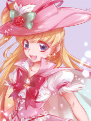Rule 34 | 1girl, :d, aqua bow, asahina mirai, blonde hair, blue eyes, bow, bustier, collarbone, cure miracle, cure miracle (alexandrite style), earrings, feathers, floating hair, flower, grey background, hat, hat bow, hat feather, hat flower, hat ornament, heart, heart hat ornament, high ponytail, highres, jewelry, long hair, magical girl, mahou girls precure!, open mouth, pink hat, precure, red flower, rose, shipu (gassyumaron), shirt, short sleeves, side ponytail, simple background, smile, solo, upper body, very long hair, white feathers, white shirt, witch hat