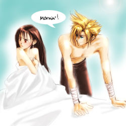 Rule 34 | 1990s (style), bed, cloud strife, covering privates, ff wonder, final fantasy, final fantasy vii, looking away, lowres, nude, retro artstyle, tifa lockhart