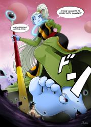 Rule 34 | absurdres, barefoot, blue skin, colored skin, dragon ball, dragonball z, feet, femdom, foot focus, giant, giantess, highres, mousticus, pink background, purple eyes, saiyanslave, shrinking, soles, speech bubble, staff, stepped on, toes, vados (dragon ball), white hair