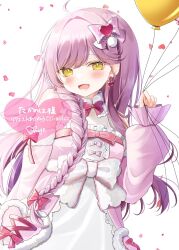 Rule 34 | 1girl, ahoge, balloon, blush, bow, commentary, commission, detached sleeves, dress, earrings, hair bow, heart, heart earrings, highres, indie virtual youtuber, jewelry, long hair, ohagetty, open mouth, pink bow, purple hair, skeb commission, smile, solo, swept bangs, takanoha (vtuber), virtual youtuber, white bow, white dress, yellow eyes