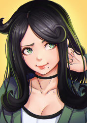 Rule 34 | 1girl, black hair, choker, close-up, closed mouth, collarbone, commission, green eyes, lips, long hair, looking to the side, magion02, mole, mole under mouth, original, portrait, smile, solo, yellow background
