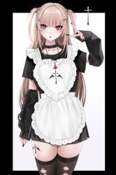 Rule 34 | 1girl, apron, arm tattoo, barbell piercing, black nails, black shirt, black skirt, black thighhighs, blush, breasts, character request, ear piercing, hair ornament, highres, industrial piercing, jewelry, leg tattoo, light brown hair, long hair, long sleeves, looking at viewer, nail polish, ompf, original, piercing, red eyes, shirt, skirt, small breasts, solo, tattoo, thighhighs, thighs, torn clothes, torn thighhighs, twintails