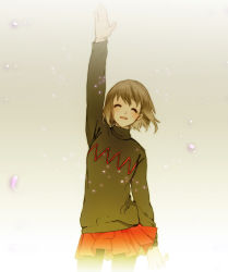 Rule 34 | 1girl, arm up, brown hair, closed eyes, female focus, gradient background, kanke (yonkuma), miniskirt, no.6, open mouth, pantyhose, safu, short hair, skirt, solo, sweater