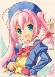 Rule 34 | 1girl, :d, ahoge, belt, blue eyes, blush stickers, bow, hand on own hip, hat, hip focus, looking at viewer, marker (medium), marron (quiz magic academy), open mouth, pink hair, quiz magic academy, shirohebidou, smile, solo, traditional media, twintails, upper body, wand, wings