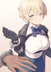 Rule 34 | 1girl, 1other, absurdres, blonde hair, blue eyes, blue neckwear, blue skirt, breasts, cuffs, fur collar, girls&#039; frontline, gloves, hair between eyes, hair ornament, handcuffs, highres, jacket, large breasts, long sleeves, looking at viewer, mole, mole under eye, out of frame, sakana-ko, shirt, short hair, skirt, snowflake hair ornament, solo focus, strap, vsk-94 (girls&#039; frontline), white background, white shirt