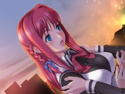 Rule 34 | 1girl, amanogawa subaru, blue eyes, blush, braid, breasts, dutch angle, evening, fire, game cg, hands on shoulders, large breasts, majodou, male hand, open mouth, pink hair, red hair, sano toshihide, solo