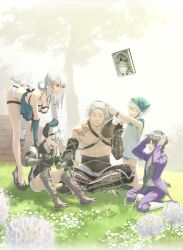 Rule 34 | 2girls, 4boys, ass, bent over, blindfold, breasts, brother and sister, cleavage, dual persona, emil (nier), father and daughter, fingerless gloves, gloves, grass, grey hair, grimoire weiss, head wreath, highres, kaine (nier), multiple boys, multiple girls, nier, nier (father), nier (series), nier (brother), siblings, sitting, smile, xcpte, yonah