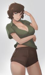 Rule 34 | 1girl, absurdres, adjusting hair, blue eyes, bob cut, breast hold, breasts, brown hair, brown shorts, cleavage, commentary, cowboy shot, english commentary, genderswap, genderswap (mtf), green shirt, grey background, highres, large breasts, lynus, scooby-doo, shaggy rogers, shirt, short hair, short sleeves, shorts, simple background, sketch, solo, standing, wavy hair