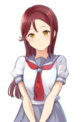 Rule 34 | 1girl, alp, breasts, closed mouth, commentary, grey skirt, hair ornament, hairclip, highres, long hair, looking at viewer, love live!, love live! sunshine!!, medium breasts, red hair, sailor collar, sakurauchi riko, school uniform, shirt, simple background, skirt, smile, solo, straight hair, upper body, uranohoshi school uniform, white background, white shirt, yellow eyes